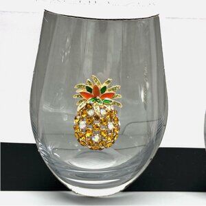 x2 Rachel Zoe Rhinestone Pineapple Stemless Wine Glass Set Gold Bling Tropical